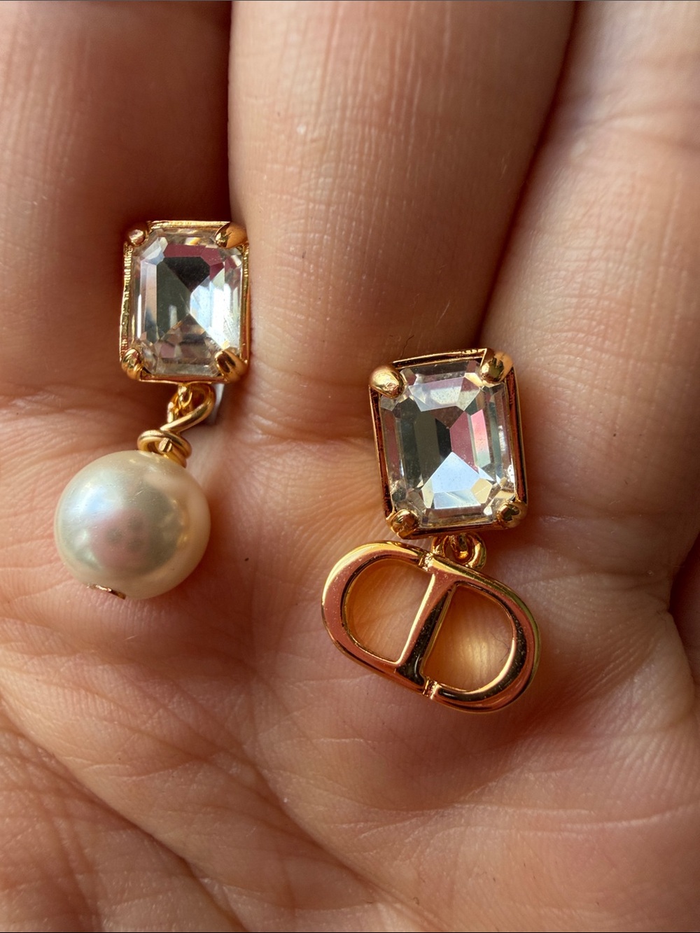 Gold Crystal & Pearl Drop Earrings - Designer Logo Accent